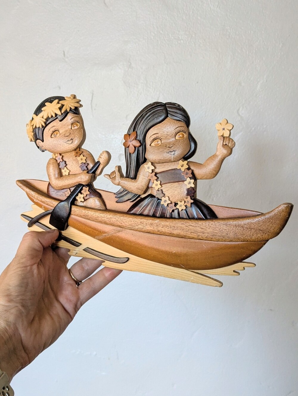 Vintage Wooden Hawaiian Hula Dancers Outrigger Canoe Wall Hanging Art Plaque